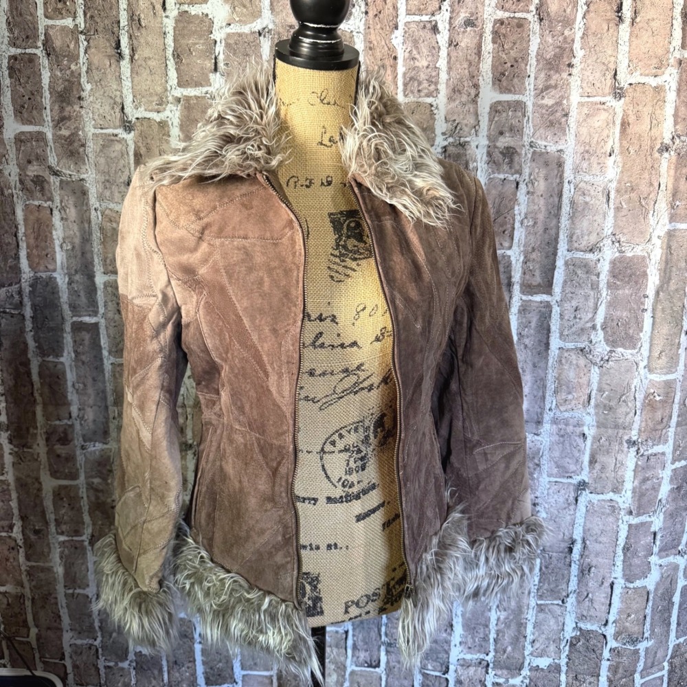 Wet Seal Suede Leather Faux Fur Trim Afghan Jacket M Penny Lane Indie Sleeze